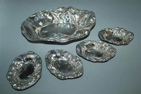 American sterling silver bon bon set, comprising large oval dish and four small matching dishes, floral-embossed